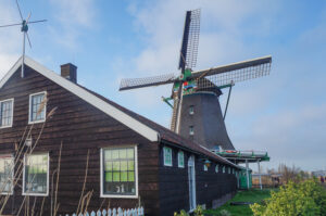 Windmills ner Amsterdam on Zaanse Schans. Mill in combination with a home.